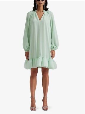 By Malina Mint V-Neck Long-Sleeve Mini Dress with Ruffle Hem size S NWT